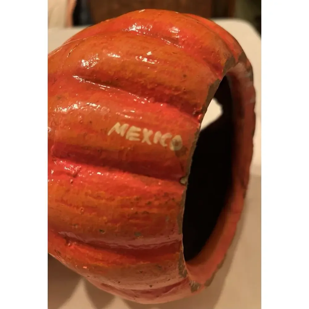 Mexico Pottery Pumpkin Jack O Lantern Halloween Decor Heavy Pottery Vintage